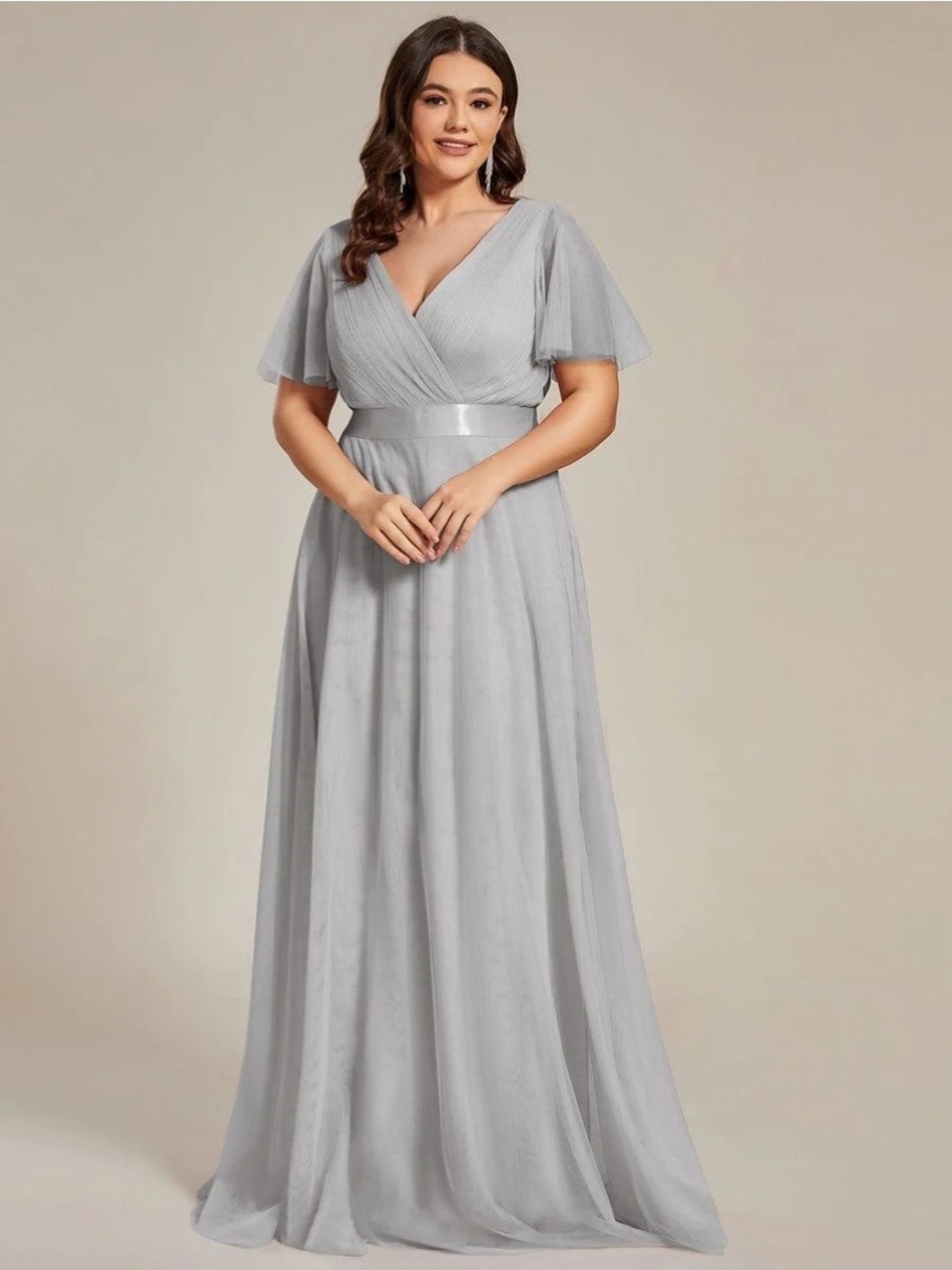Ever Pretty Light Silver V-Neck Maxi Dress with Flutter Sleeves